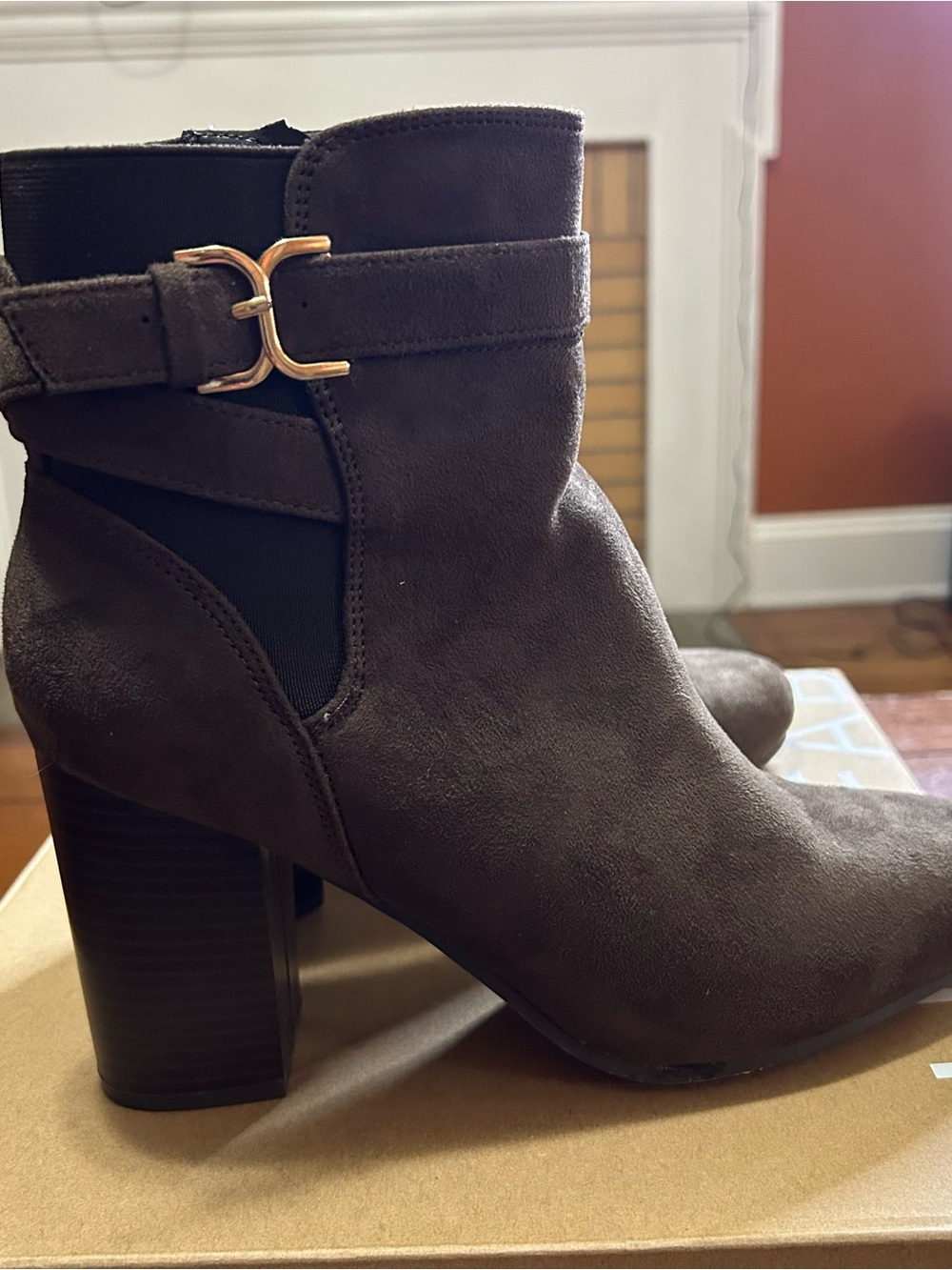 JustFab Dark Brown Faux Suede Ankle Boot with Buckle Accent